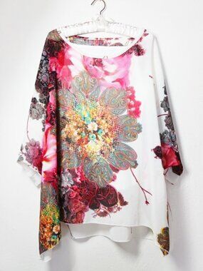 Sheer elegant floral loose blouse for summer, Wrinkle free loose T-shirt